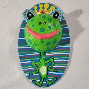 NEW! Adorable handmade paper mache frog art wall hanging.